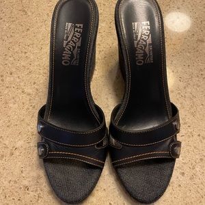Salvatore Ferragamo denim wedge slide sandals-size 8